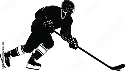 Black silhouette of hockey player skating with stick and puck hockey, ice hockey, player, silhouette, black and white, skating, stick, puck, sport, athlete, action, motion, game, competition, winter s