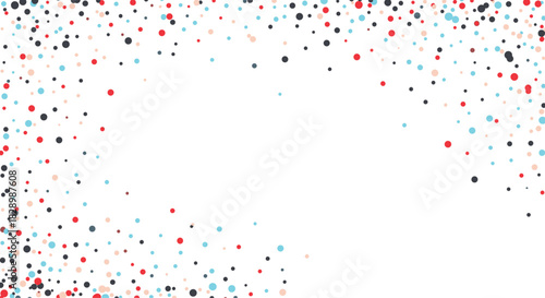 Abstract celebration background frame with a scattering of colorful red blue and black confetti dots on a white canvas.
