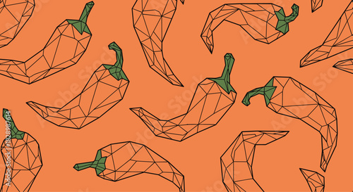Modern seamless pattern of stylized geometric chili peppers in a low poly wireframe style on a vibrant orange background.