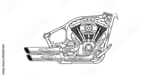 Detailed line art illustration of a classic motorcycle engine and frame.