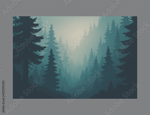 Halftone Foggy Forest: Mysterious Layered Depth and Emotional Backlighting in Dot Matrix Style, Perfect for Atmospheric Nature, Dark Landscape, and Abstract Pixel Art Design.