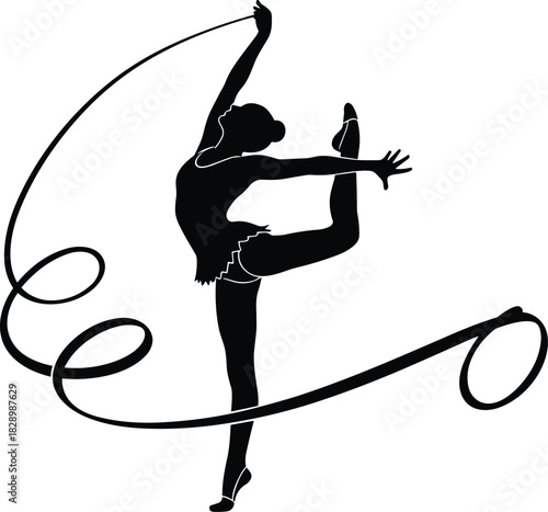Black silhouette of rhythmic gymnast performing with ribbon rhythmic gymnastics, gymnast, ribbon, silhouette, black and white, sport, athlete, performance, dance, flexibility, grace, movement, eleganc