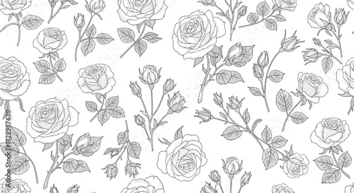 Elegant seamless floral pattern of beautifully detailed grey and white roses with leaves and buds on a white background.