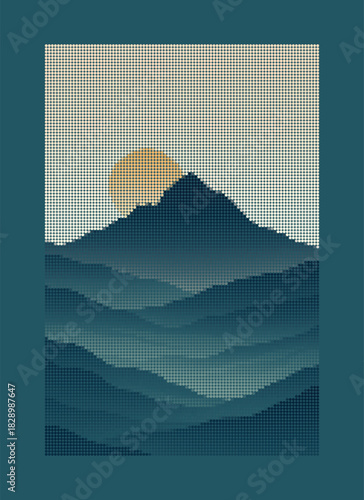 Halftone Mountain Silhouette: Poetic Mist and Rising Sun in Dot Matrix Style, Featuring Layered Terrain and Serene Vista for Aesthetic Nature Graphics and Retro Landscape Design.