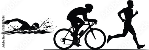Black silhouette of swimmer cyclist and runner on white background swimming, cyclist, runner, triathlon, sport, athlete, silhouette, black and white, water, splashing, bicycle, helmet, running, motion