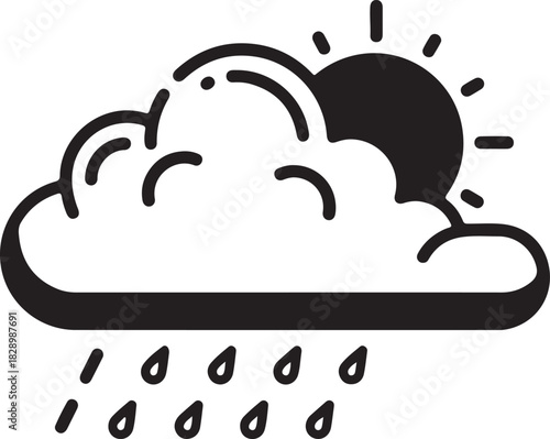 Rainy weather with sun behind clouds, symbol of storms and weather forecast