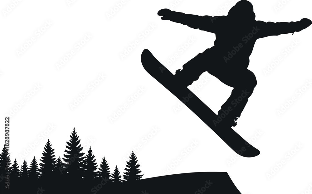 Naklejka premium Black silhouette of snowboarder jumping over snowy terrain with pine trees snowboarder, silhouette, jumping, snowboarding, winter, snow, sport, action, extreme, recreation, activity, outdoor, nature, 