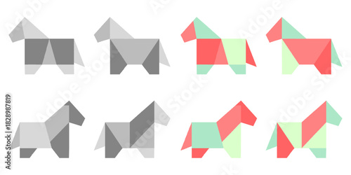 Set of 8 pastel colored and monochrome geometric origami horses isolated on transparent background for 2026 Year of the Horse cards, posters, designs. Paper flat equine icons, abstract animal stickers