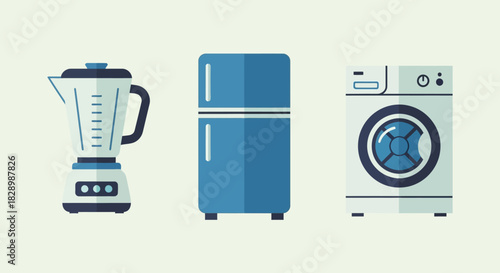 Essential home appliances - blender, refrigerator, and washing machine for daily living.