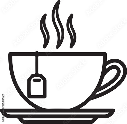 Outline drawing of cup of tea with teabag and steam coming out on transparent background