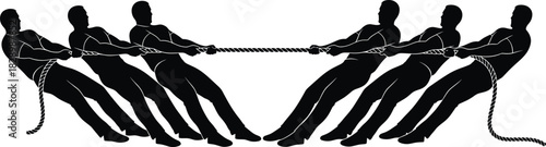 Black silhouettes of teams pulling rope in tug of war tug of war, rope, pulling, team, competition, sport, strength, power, struggle, effort, exertion, teamwork, opposing, conflict, challenge, contest