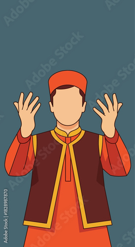 Faceless Muslim man praying with hands raised in traditional attire.