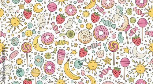 Whimsical seamless pattern for kids filled with cute cartoon sweets like donuts candy and ice cream with smiling suns and moons.
