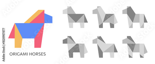 Set of origami geometric horse icons, including multicolor equine and six monochrome gray variants. Flat vector style for 2026 Year of the Horse design elements, templates, animal illustration sets