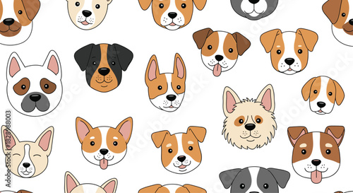 Adorable seamless pattern of various cute cartoon dog and puppy faces from different breeds on a clean white background.