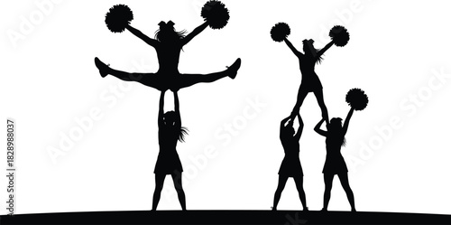 Cheerleaders performing stunts with pom poms cheerleading cheerleading, cheerleaders, team, sport, performance, stunt, acrobatic, athletic, action, dynamic, energy, power, unity, teamwork, competition