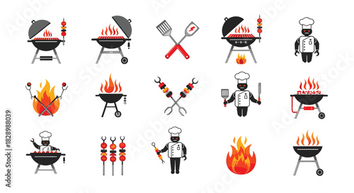 Collection of colorful barbecue and grill icons including grills flames kebabs and a robot chef on a white background.