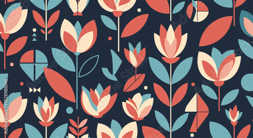 Abstract seamless floral pattern with stylized geometric flowers and leaves in a modern folk art style on a dark background.