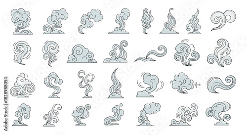 Big collection of grey cartoon smoke steam and cloud puffs in various shapes and styles on a clean white background.