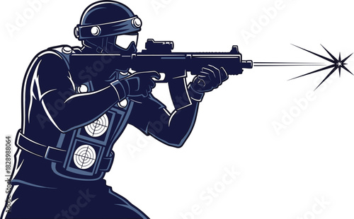 Dark Blue Soldier Aims Rifle with Laser Sight and Target Vests soldier, military, weapon, rifle, gun, aiming, shooting, laser, target, vest, tactical, gear, dark blue, navy, white, illustration, graph