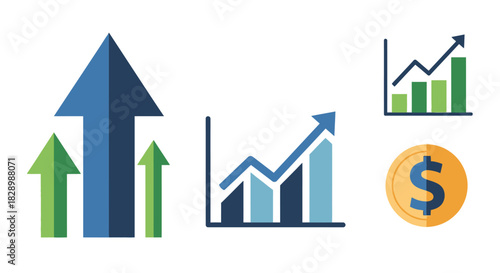 Financial growth and success represented by upward trending charts and arrows.