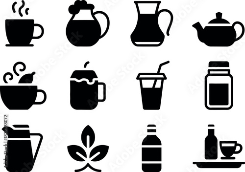 Collection of diverse black and white drink icons great for design