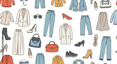 Stylish seamless pattern of hand-drawn women's fashion items including clothes shoes and accessories on a white background.