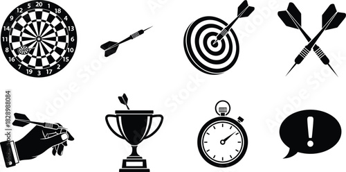 Darts game icons trophy stopwatch speech bubble dartboard darts, dartboard, dart, target, bullseye, game, sport, competition, win, victory, trophy, cup, award, stopwatch, timer, time, clock, speech bu