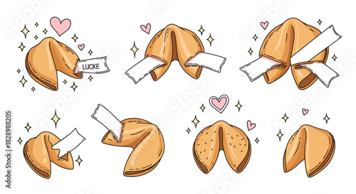 Lovely collection of hand-drawn fortune cookies with blank paper messages some decorated with hearts and sparkles for luck.