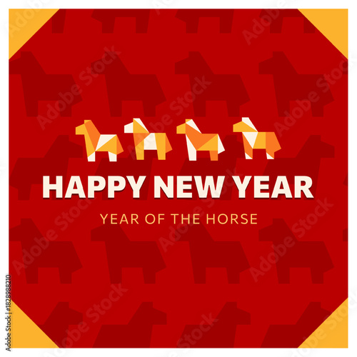 Red square greeting card with geometric origami equine art for 2026 Year of the Horse. Flat simple multicolor CNY or Christmas banner with horses as Chinese zodiac sign. Bold creative design