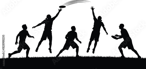 Five men playing ultimate frisbee on grass silhouettes ultimate frisbee, frisbee, sport, game, playing, throwing, catching, jumping, running, men, male, athletes, team, outdoor, activity, recreation, 