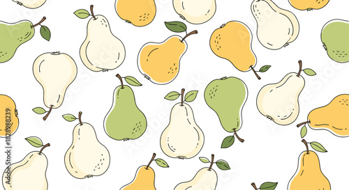 A simple and fresh seamless fruit pattern featuring hand-drawn green yellow and white pears on a clean white background.