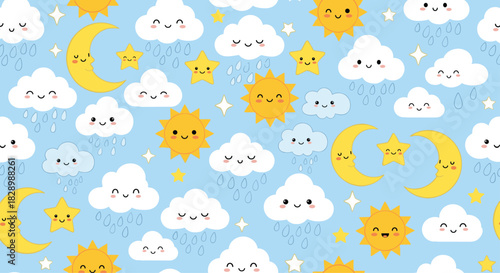 Adorable kawaii seamless weather pattern on a blue sky with cute smiling suns moons stars and raining clouds for kids.