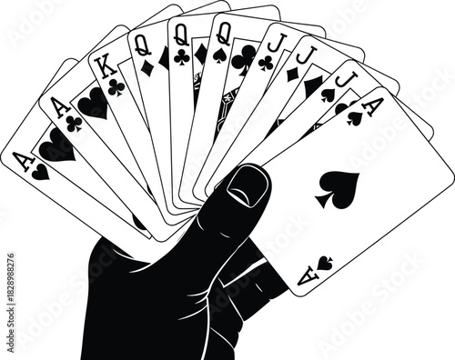 Hand holding fanned playing cards black and white vector playing cards, hand, holding, fanned, black and white, ace, king, queen, jack, spades, hearts, diamonds, clubs, gambling, poker, casino, game, 