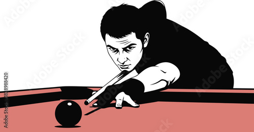 Man playing billiards aiming cue ball on red felt table billiards, pool, snooker, cue sport, game, playing, man, male, person, player, aiming, concentration, focus, sport, recreation, leisure, hobby, 