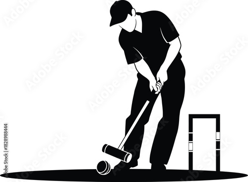 Man playing croquet hitting ball with mallet sport croquet, sport, game, player, man, hitting, ball, mallet, wicket, outdoor, activity, leisure, recreation, competition, summer, grass, green, black an