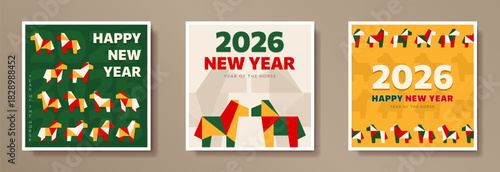 2026 Chinese New Year colorful greeting cards set with bold typography and origami geometric horses in blocks. Flat minimal paper cut posters, banner with cartoon equine for Christmas and CNY holidays