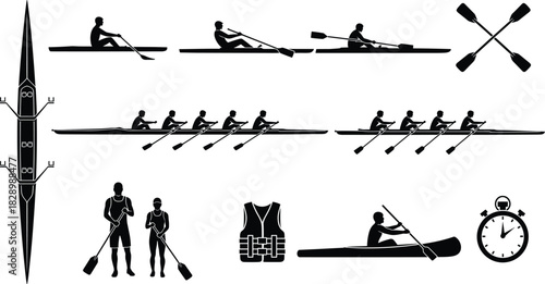 Rowing and Kayaking Silhouettes and Equipment canoe rowing, kayak, canoe, boat, oar, paddle, rower, kayaker, athlete, sport, water sport, competition, race, team, single scull, double scull, quad scul