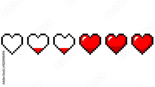 Pixel graphic of heart health bar, showing progress in games.