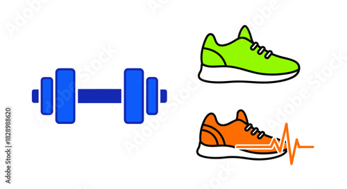 Fitness and Exercise Equipment with Running Shoes and Dumbbell.