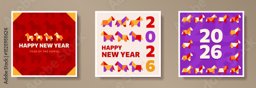 2026 Lunar New Year square greeting cards set with bold geometric origami horses. Template of flat minimalist Christmas or CNY posters, colorful banners design with flat paper craft equine, stallion