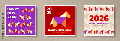 Set of greeting cards with geometric origami Horses frame for 2026 New Year. Flat equines as Chinese traditional horoscope sign on red, purple, beige background. Minimalist square banner for Christmas