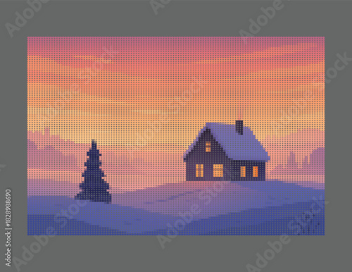 Halftone Solitary Farmhouse at Dawn: Poetic Isolation in Misty Fields, Featuring Glowing Windows and Vibrant Sunset Colors in Dot Matrix Style for Atmospheric Retro Pixel Art.