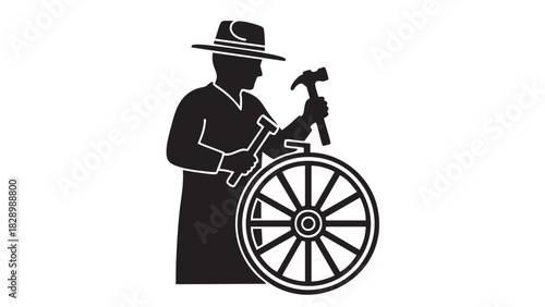 Silhouette icon skilled wheelwright in hat crafting wooden wagon wheel with hammer. Symbolizes traditional craftsmanship, manual labor, and artisan heritage