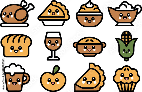 Thanksgiving cute cartoon characters including turkey pie bread and gravy