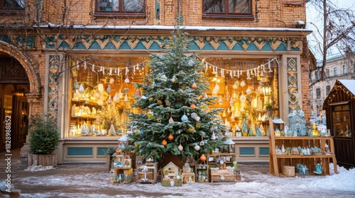 Wallpaper Mural A beautifully decorated Christmas tree stands outside a cozy shop filled with holiday lights and ornaments. Torontodigital.ca