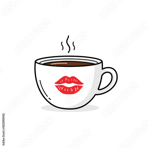 Coffee cup with lipstick mark and steam rising from surface  