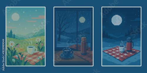 Halftone Triptych Collection Day and Night Scenes in Dot Matrix Pixel Art, Featuring Spring Picnic, Rainy Window, and Full Moon Still Life—Ideal for Aesthetic Retro Graphics and Digital Design.
