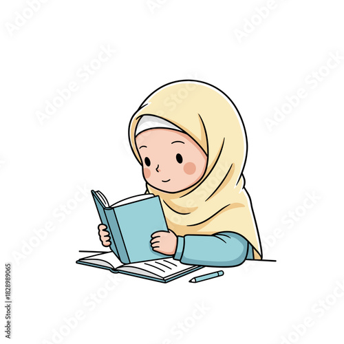 Young Muslim girl reading a book at a desk with a pen  