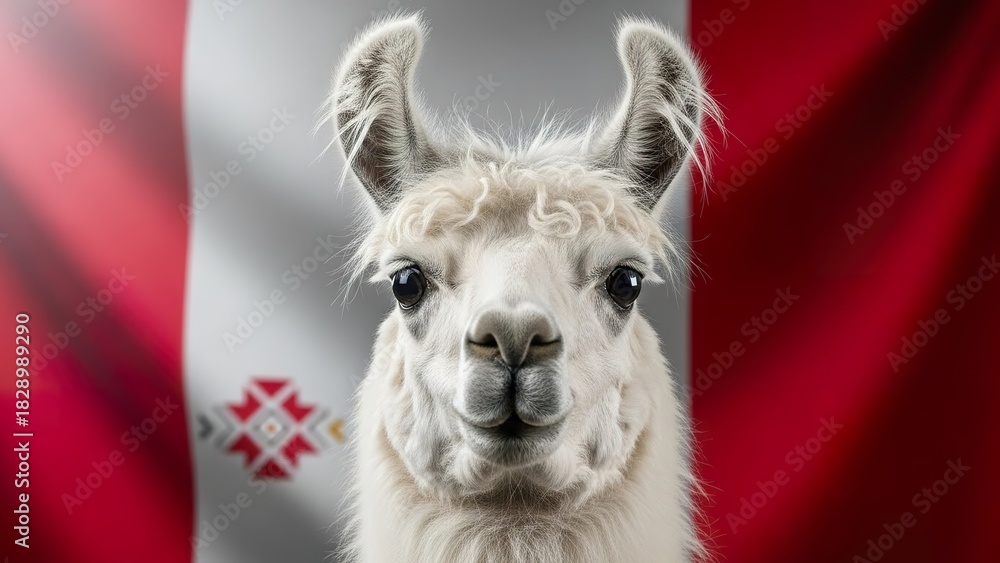 Naklejka premium Close-up Portrait of a White Llama with a Peruvian Flag Background, Symbolizing Andean Culture.